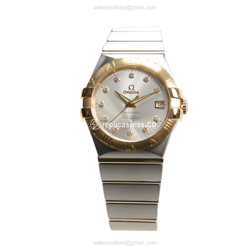 Omega Constellation 123.20.35.20.52.002 Replica - Automatic - 18kt Gold/Steel Case - Silver Dial & Clasp - View 2