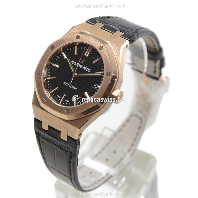 Rolex ROYAL OAK Replica - 18kt Rose Gold - Automatic - Black Dial - Alligator Black - View 3