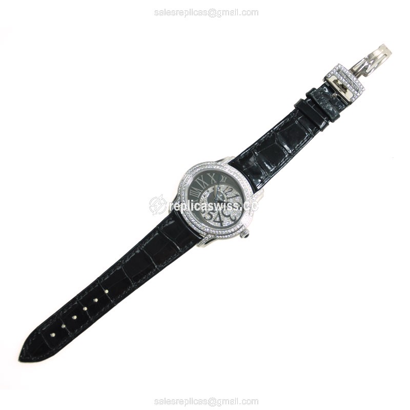 Audemars Piguet Replica Milennial - 18kt White Gold - Diamond Case - Black Dial - Alligator Black Strap - View 2