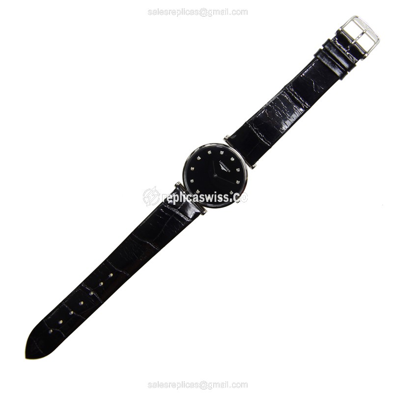 Longines LA GRANDE Replica - Quartz - Stainless Steel - Black Dial - Leather Strap - Buckle Clasp - View 2