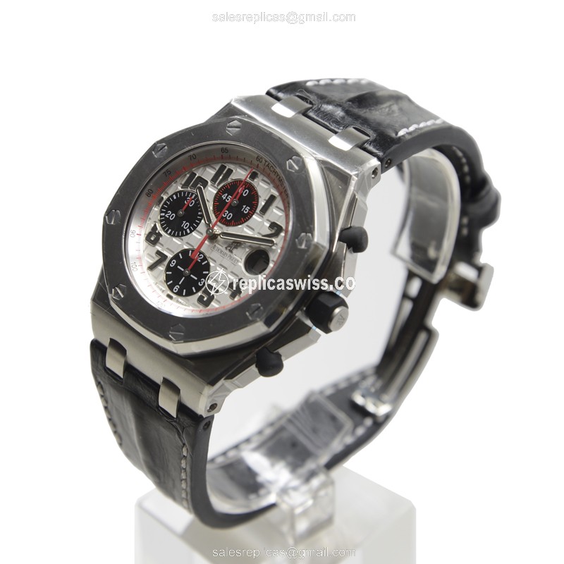 Audemars Piguet Royal Oak Offshore Replica - Automatic - Steel Case - White Dial - Black Alligator Strap - View 3