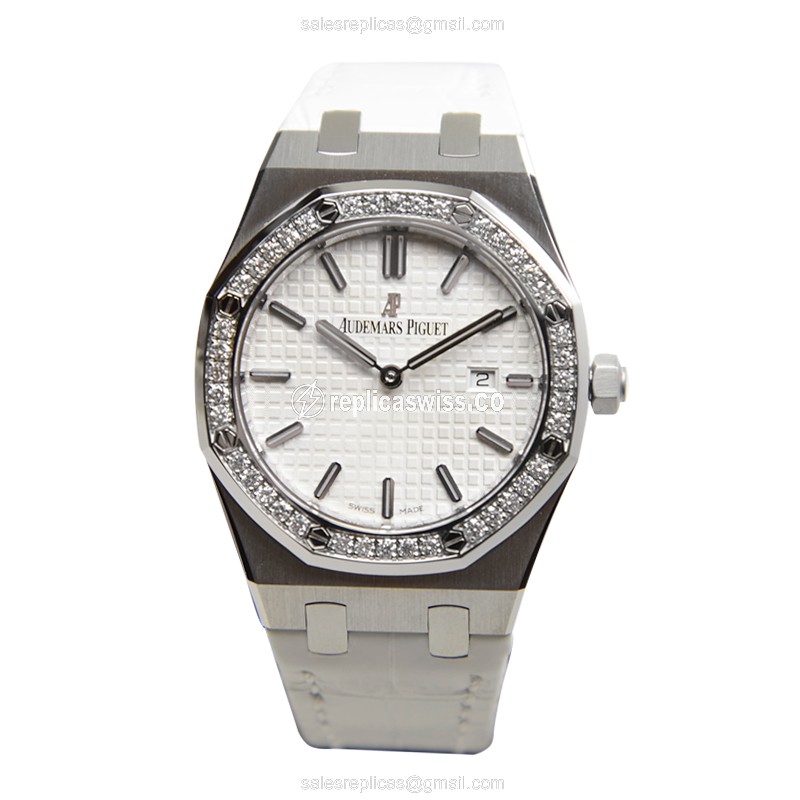 Audemars Piguet Royal Oak Quartz - White Dial - Diamonds - Alligator White Strap - View 2