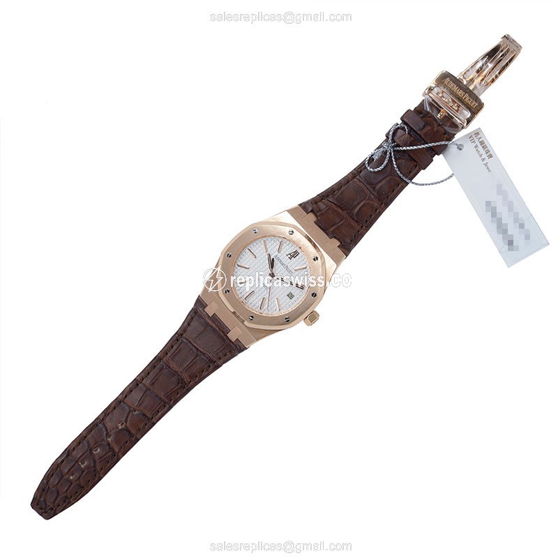 Audemars Piguet Royal Oak Replica - Automatic - 18kt Rose Gold - White Dial - Brown Alligator Strap - View 2