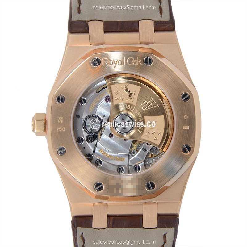 Audemars Piguet Royal Oak Replica - Automatic - 18kt Rose Gold - White Dial - Brown Alligator Strap - View 3