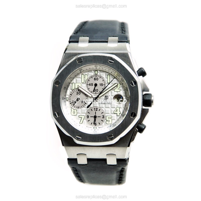 Automatic Replica Audemars Piguet Royal Oak - Stainless Steel - White Dial - Black Cowhide Strap - View 2