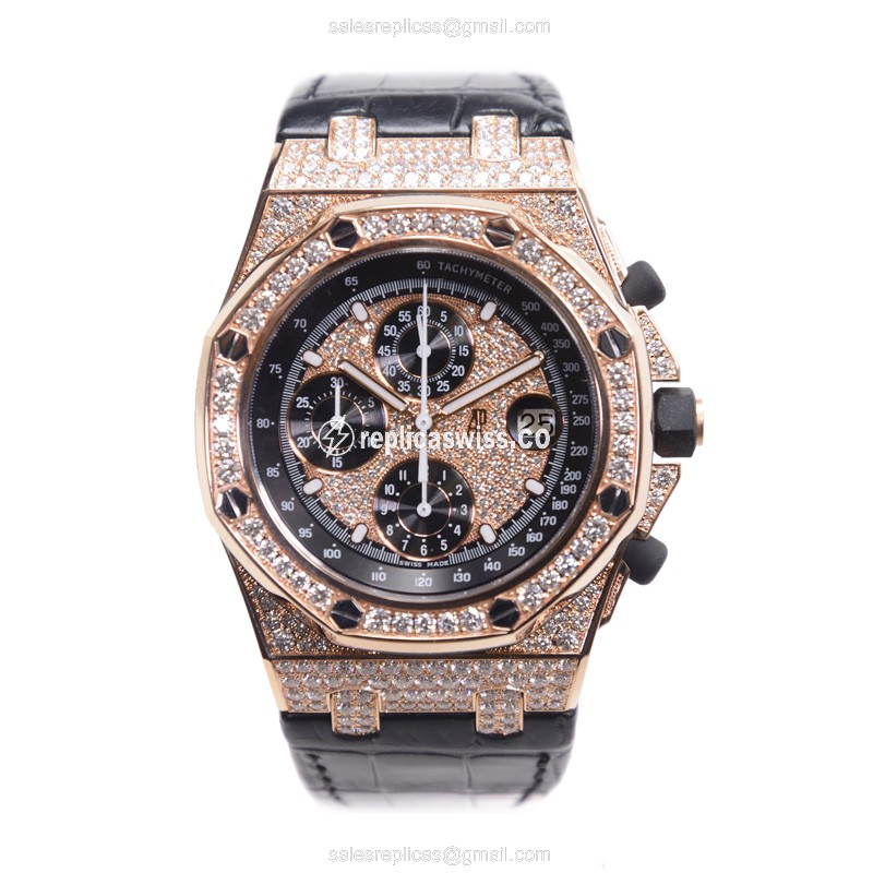 Audemars Piguet ROYAL OAK Replica - Automatic - 18kt Rose Gold - Diamond Dial - Black Alligator Strap - View 2
