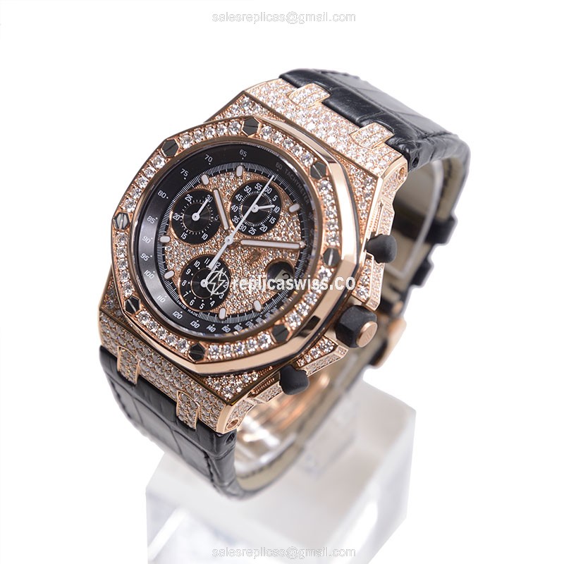 Audemars Piguet ROYAL OAK Replica - Automatic - 18kt Rose Gold - Diamond Dial - Black Alligator Strap - View 3