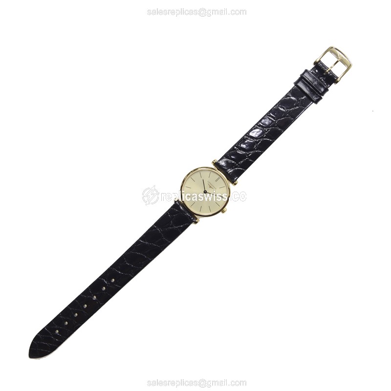 Longines L4.209.2.32.2 Replica - Quartz - 18kt Gold Case - Gold Dial - Black Alligator Strap - View 2