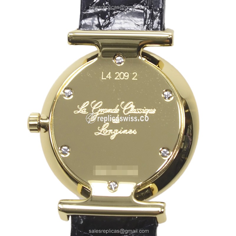 Longines L4.209.2.32.2 Replica - Quartz - 18kt Gold Case - Gold Dial - Black Alligator Strap - View 3