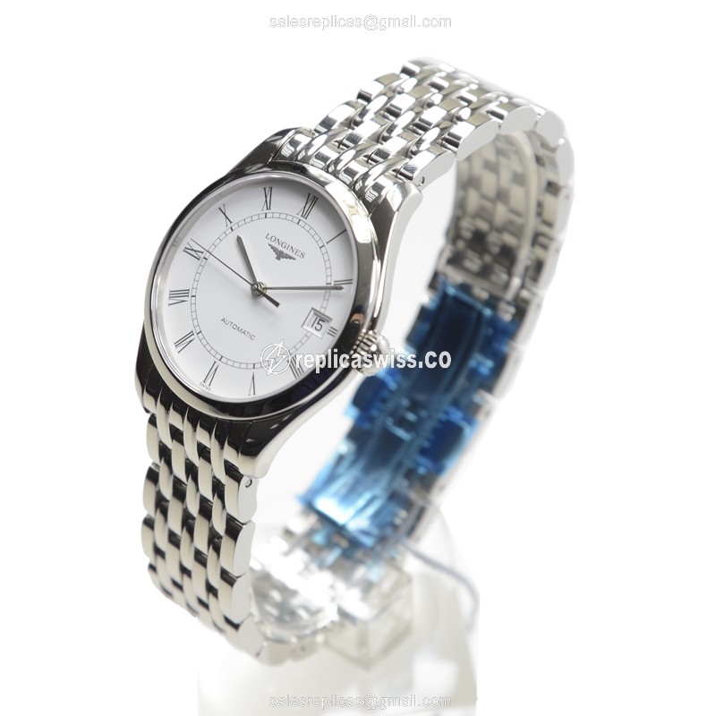 Longines ELEGANT Automatic - White Dial - Stainless Steel Case on Silver Strap - View 3