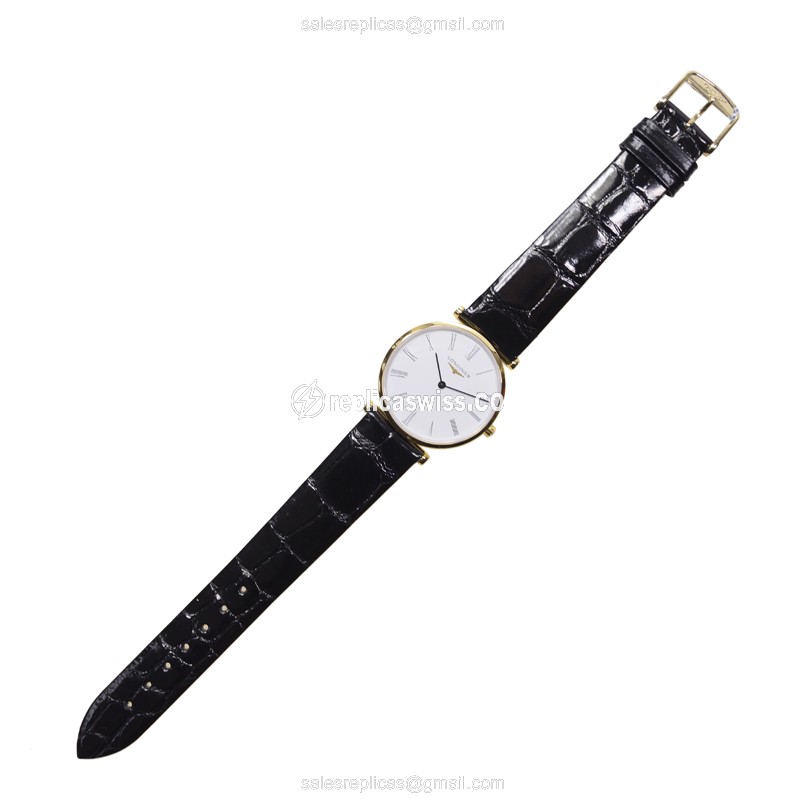 Longines L4.512.2.11.2 Replica - Quartz - PVD Gold Case - White Dial on Black Leather Strap - View 2