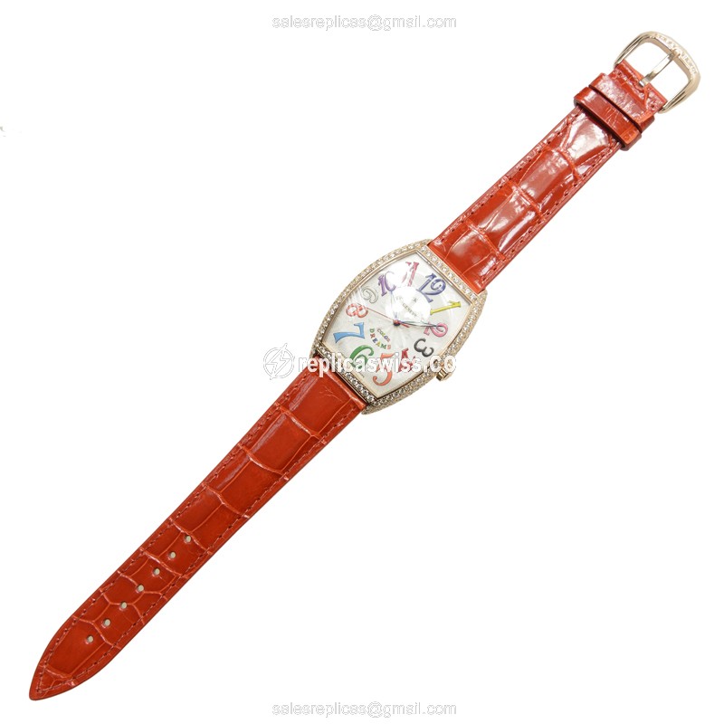 Franck Muller 6850 SC COL DRM D 5N Curvex Automatic - Rose Gold Case, Diamond Dial, Silver - Orange Alligator Strap - View 2