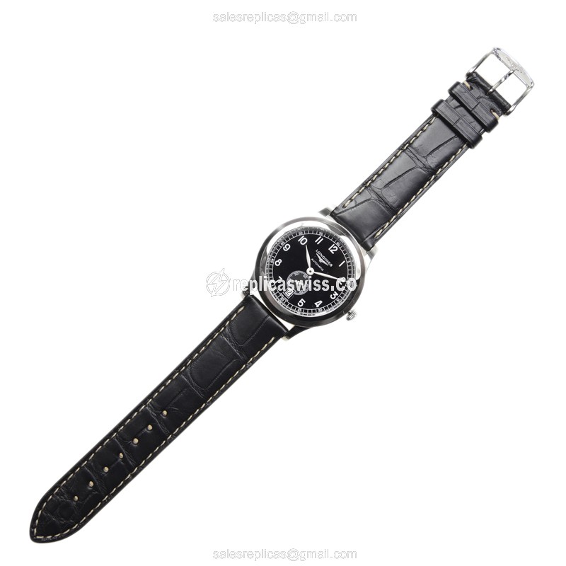 Longines Heritage Replica - Automatic - Stainless Steel - Black Dial - Alligator Black Strap - View 2