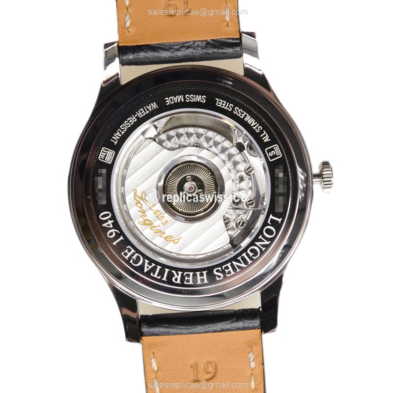 Longines Heritage Replica - Automatic - Stainless Steel - Black Dial - Alligator Black Strap - View 3