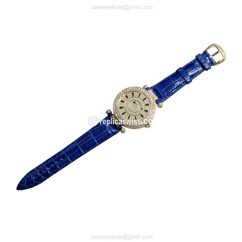 Franck Muller DM42D2RCD5N Replica - Automatic - Rose Gold Case - Diamonds - Silver Dial - Blue Alligator Strap - View 2