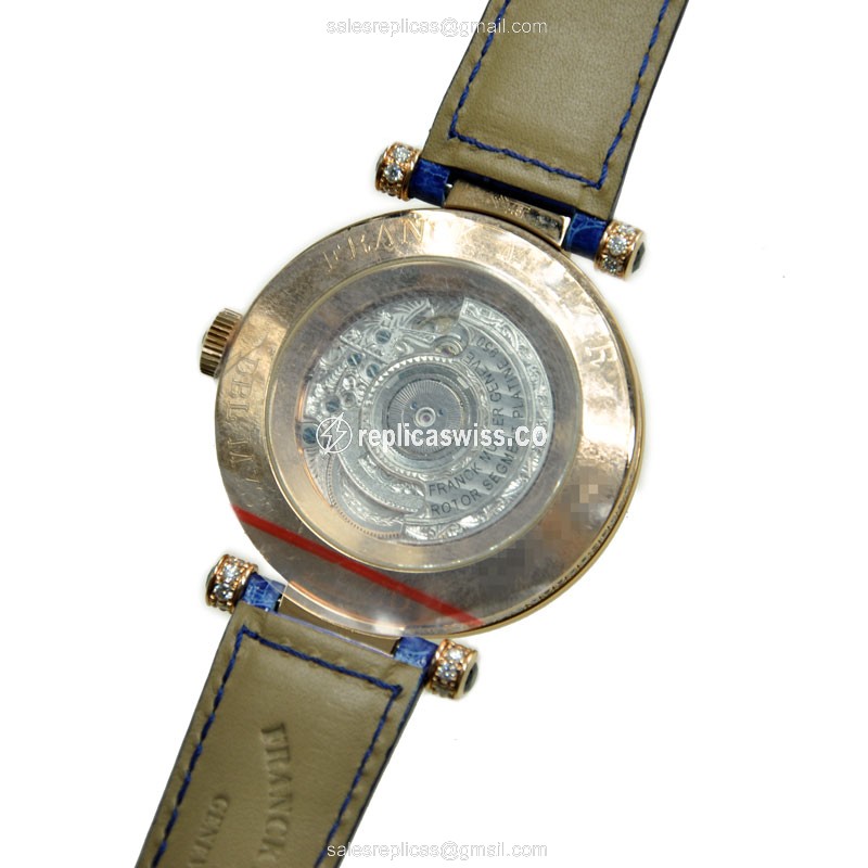 Franck Muller DM42D2RCD5N Replica - Automatic - Rose Gold Case - Diamonds - Silver Dial - Blue Alligator Strap - View 3