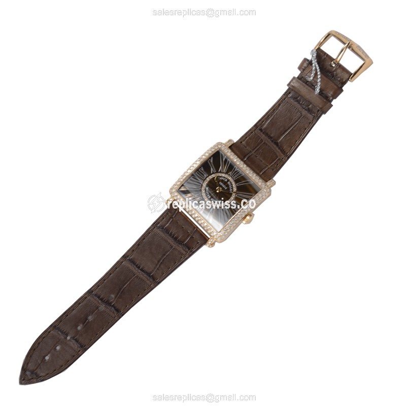 Franck Muller Master Square Replica - Quartz - 18kt Rose Gold - Diamond Accents - Brown Dial - Alligator Strap - Buckle Clasp - View 2
