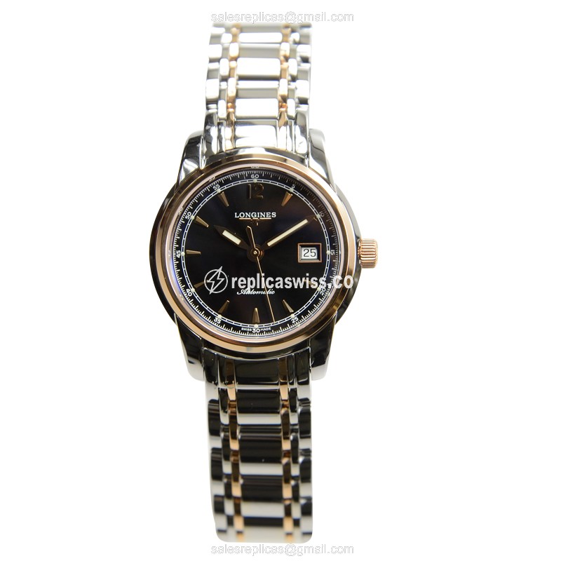 Longines L2.563.5.59.7 SAINT IMIER Replica - Automatic - 18kt Rose Gold Case - Black Dial on Silver Strap - View 2