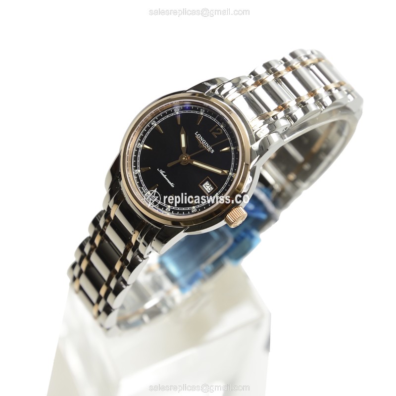 Longines L2.563.5.59.7 SAINT IMIER Replica - Automatic - 18kt Rose Gold Case - Black Dial on Silver Strap - View 3