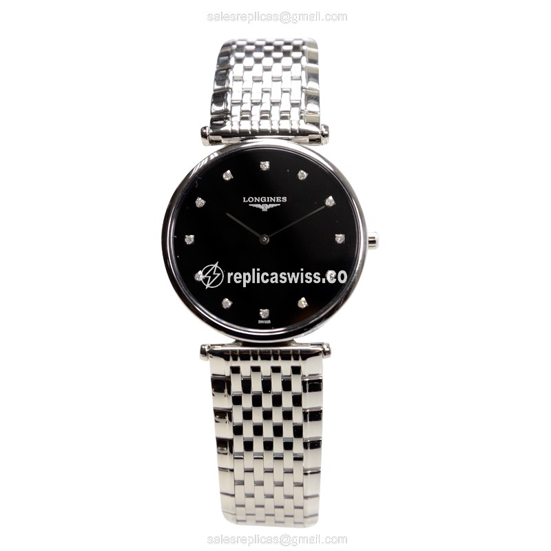 Longines L4.709.4.58.6 Replica - Quartz - Stainless Steel - Black Dial on Silver Strap - View 2