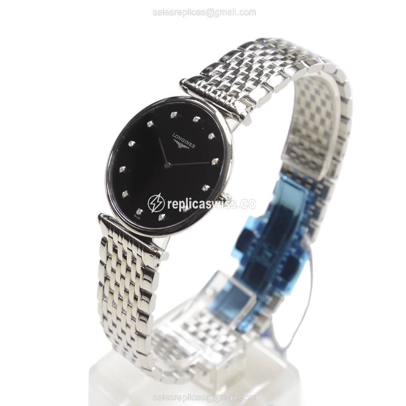 Longines L4.709.4.58.6 Replica - Quartz - Stainless Steel - Black Dial on Silver Strap - View 3