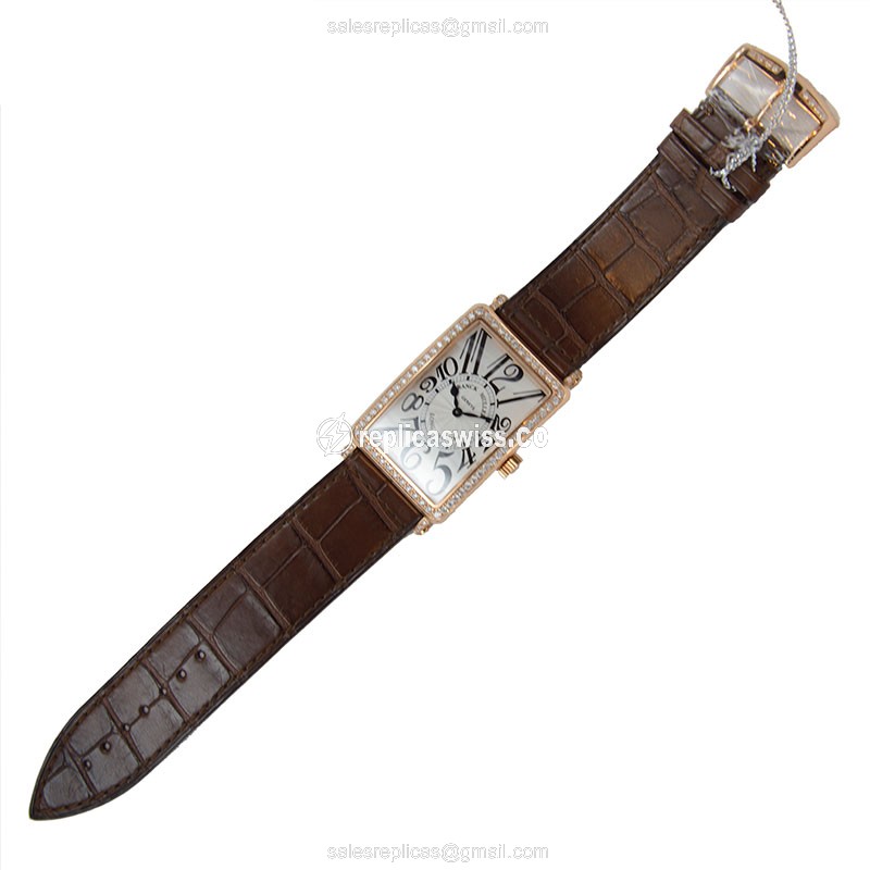 Franck Muller 1002 QZ D 1R Replica - Quartz - 18kt Rose Gold Case - Diamonds, Silver Dial, Alligator Brown Strap - View 2