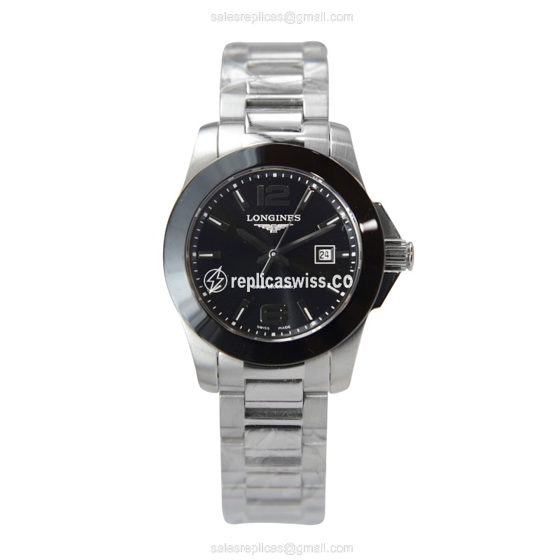 Longines CONQUEST Quartz - Black Dial - Steel Case - Silver Strap - Sapphire Crystal - View 2