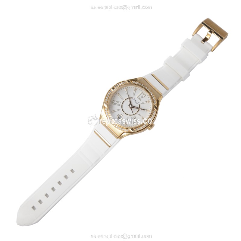 Piaget Polo Quartz 18kt Rose Gold - Diamonds - White Dial - Rubber Strap - View 2