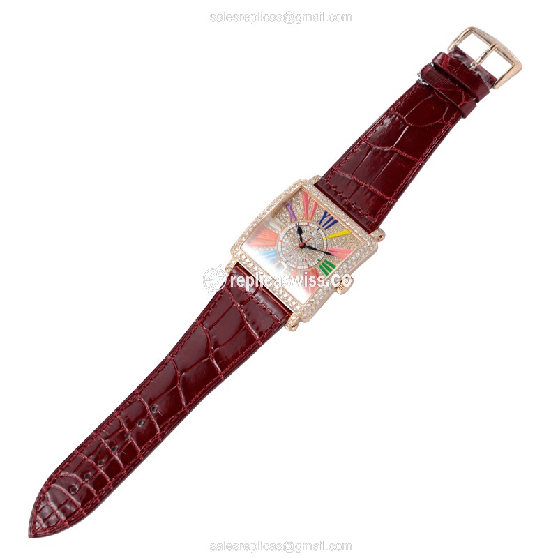 Franck Muller 6000 H SC DT R D COL DRM - Auto 18kt Rose Gold Diamonds - Gold Dial - Red Alligator Buckle - View 2