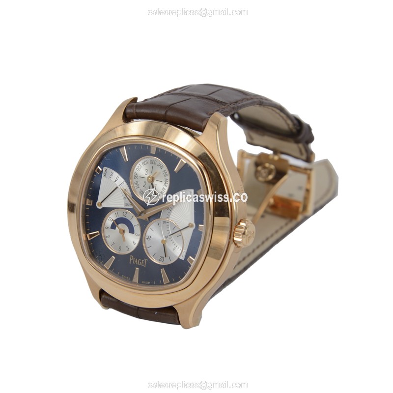 Piaget EMPERADOR Replica - Automatic - 18kt Rose Gold - Blue Dial - Brown Alligator Strap - View 2