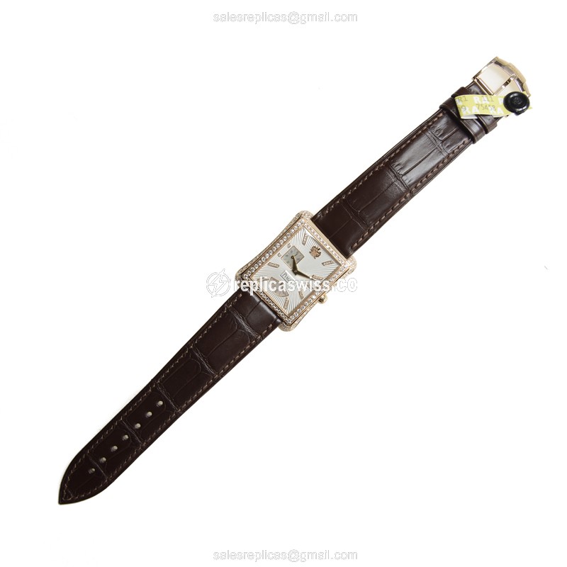 Piaget EMPERADOR Replica - Automatic - 18kt Rose Gold - Diamond Set - Silver Dial - Brown Alligator Strap - View 2