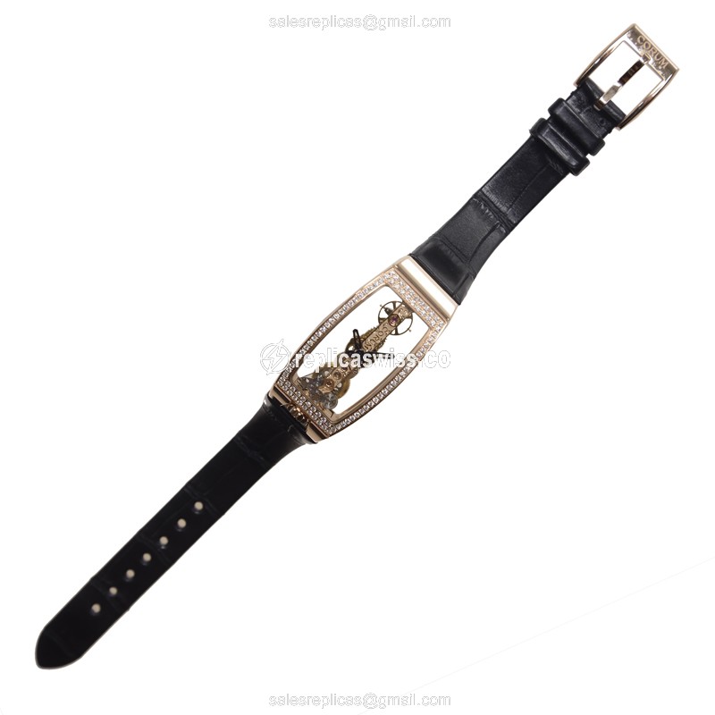 Corum Bridge Replica - Manual Wind - 18kt Rose Gold - Diamond Bezel - Black Alligator Strap - View 2