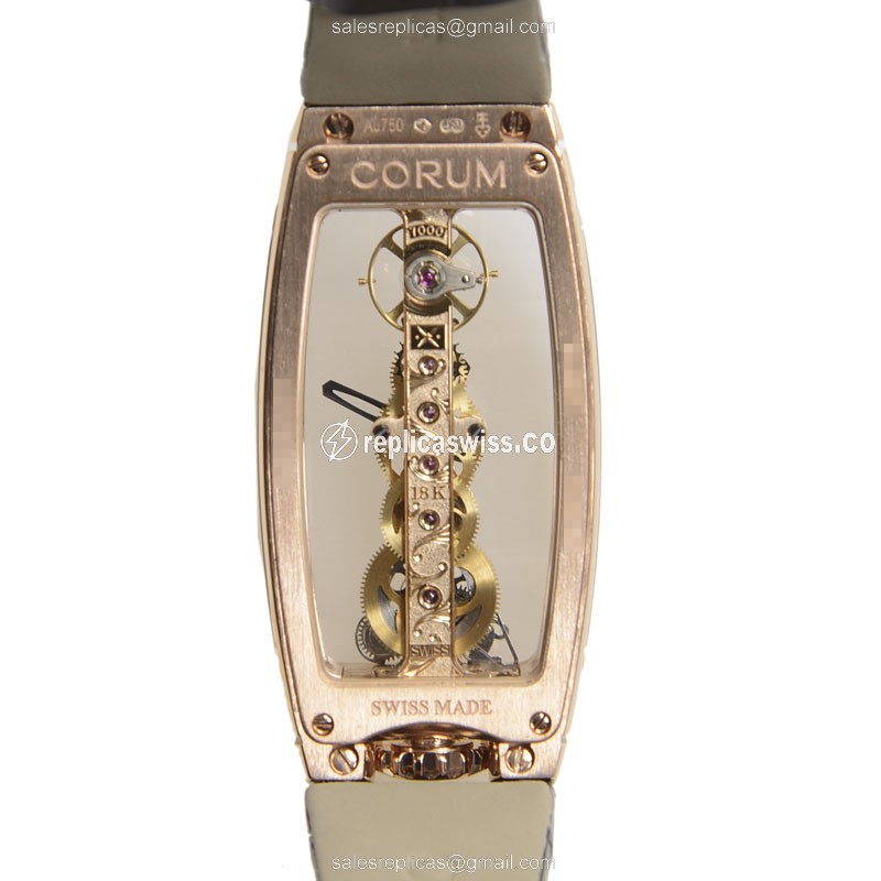 Corum Bridge 113.101.55-0001 Manual Wind 18kt Rose Gold - Skull Dial - Black Alligator Buckle - View 3