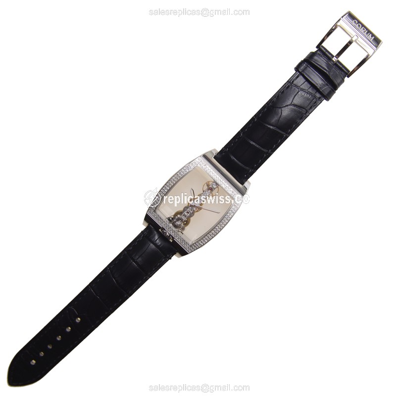 Corum Bridge Replica - Manual Wind - 18kt White Gold - Diamond - Black Alligator Strap - View 2