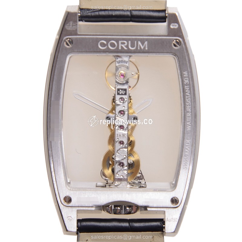 Corum Bridge Replica - Manual Wind - 18kt White Gold - Diamond - Black Alligator Strap - View 3