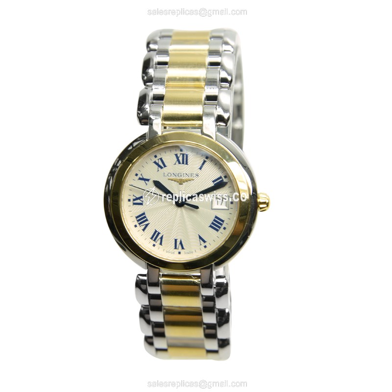 Longines PRIMA LUNA Replica - Quartz - 18kt Gold/Steel Case - Silver Dial - View 2