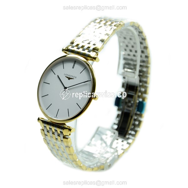 Longines LA GRANDE Replica - Automatic PVD Gold - White Dial | Silver Clasp on Steel Strap - View 3