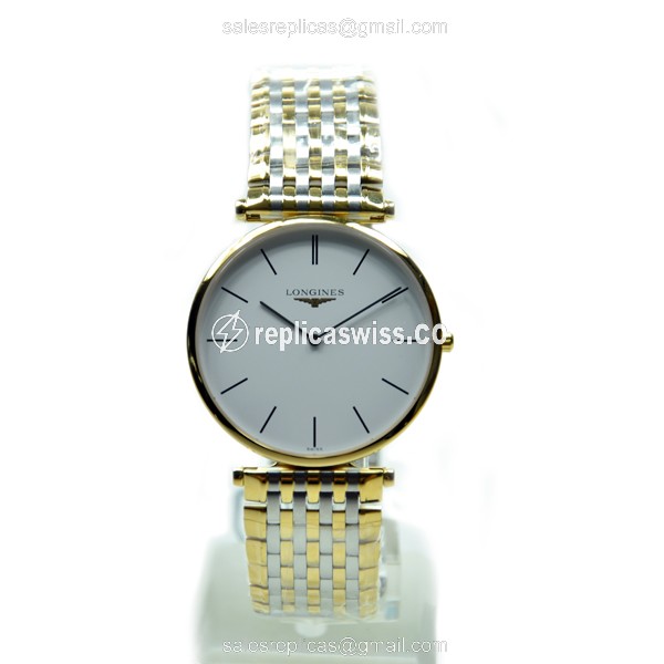 Longines LA GRANDE Replica - Automatic PVD Gold - White Dial | Silver Clasp on Steel Strap - View 2