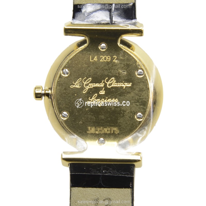 Longines LA GRANDE Quartz PVD Gold Replica - Automatic - White Dial, Black Alligator Strap - View 3