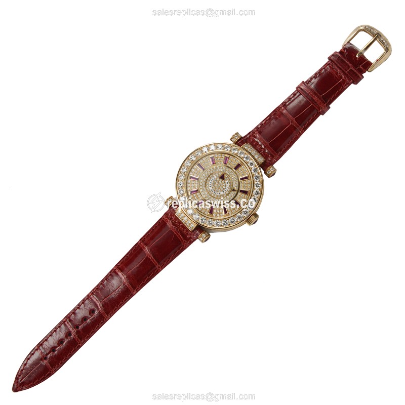 Franck Muller DM 42 D 1R CD 42 5N Replica - Automatic - 18kt Rose Gold Case - Gold Dial - Red Alligator Strap - View 2