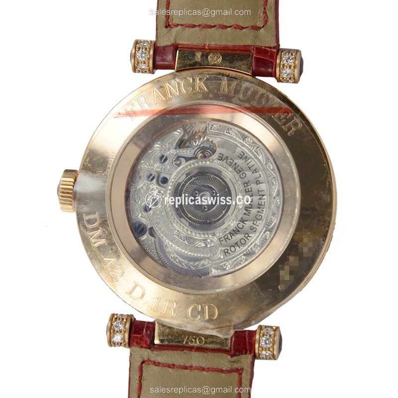 Franck Muller DM 42 D 1R CD 42 5N Replica - Automatic - 18kt Rose Gold Case - Gold Dial - Red Alligator Strap - View 3