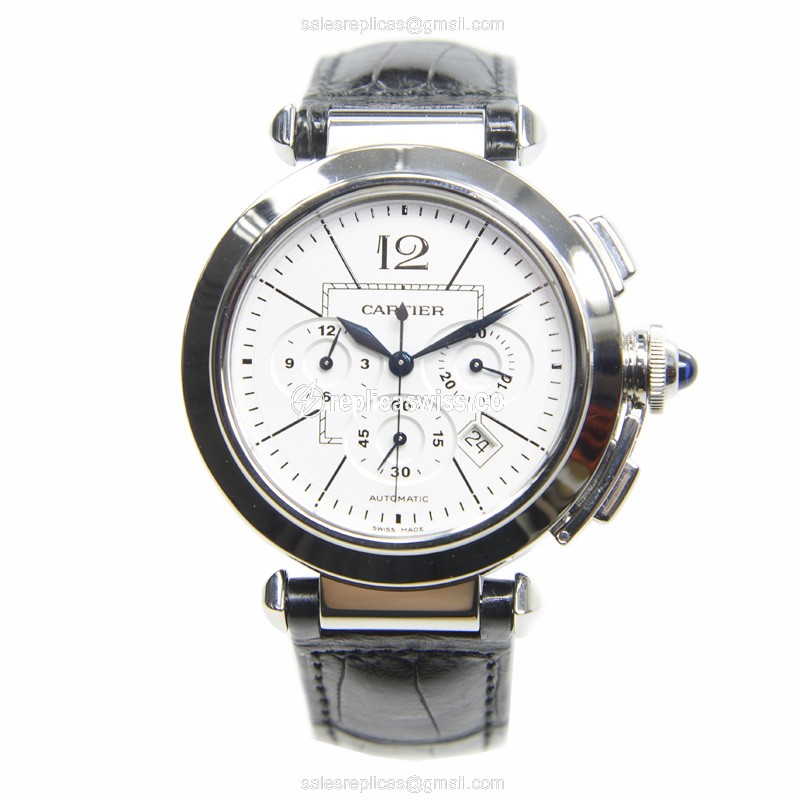 Cartier Pasha Replica - Automatic - Steel Case - White Dial, Black Alligator Strap - View 2
