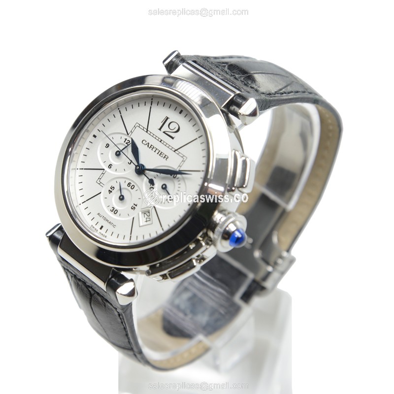 Cartier Pasha Replica - Automatic - Steel Case - White Dial, Black Alligator Strap - View 3