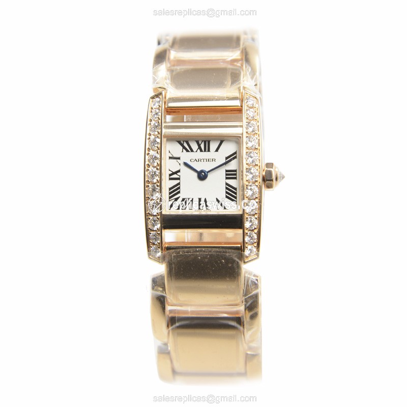 Cartier TANK Replica - Quartz - Rose Gold - White Dial - Gold Strap - View 2