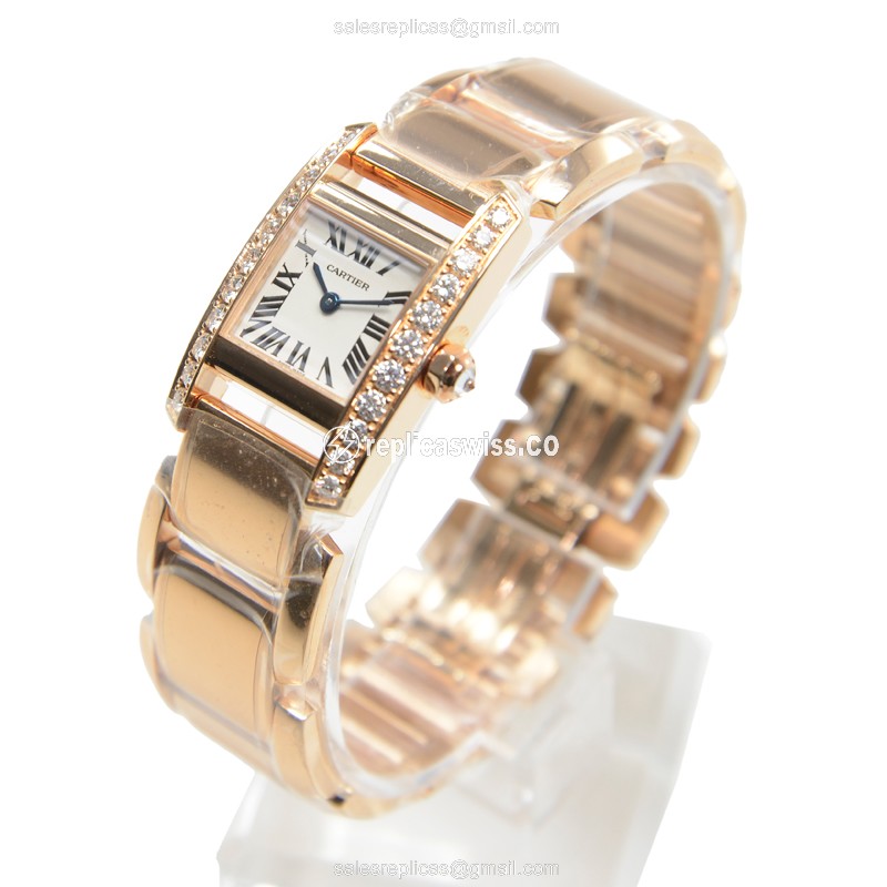 Cartier TANK Replica - Quartz - Rose Gold - White Dial - Gold Strap - View 3