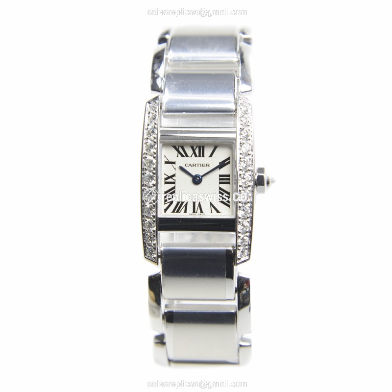 Cartier TANK Replica - Quartz - 18kt White Gold - Diamond - White Dial - Silver Clasp - View 2