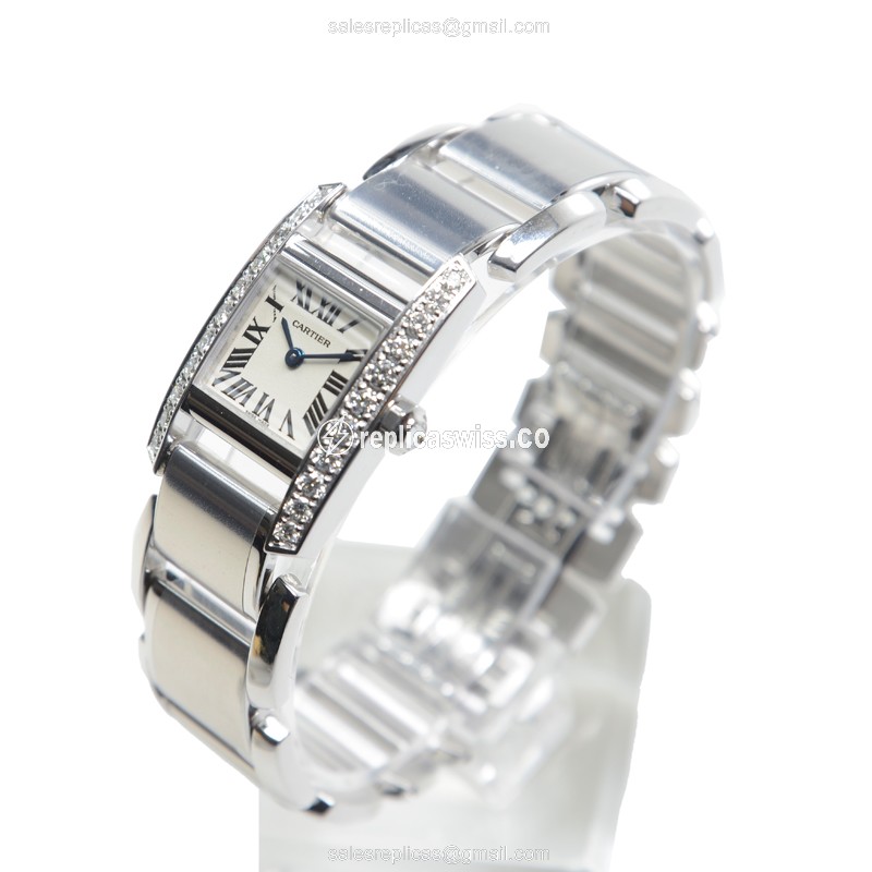 Cartier TANK Replica - Quartz - 18kt White Gold - Diamond - White Dial - Silver Clasp - View 3