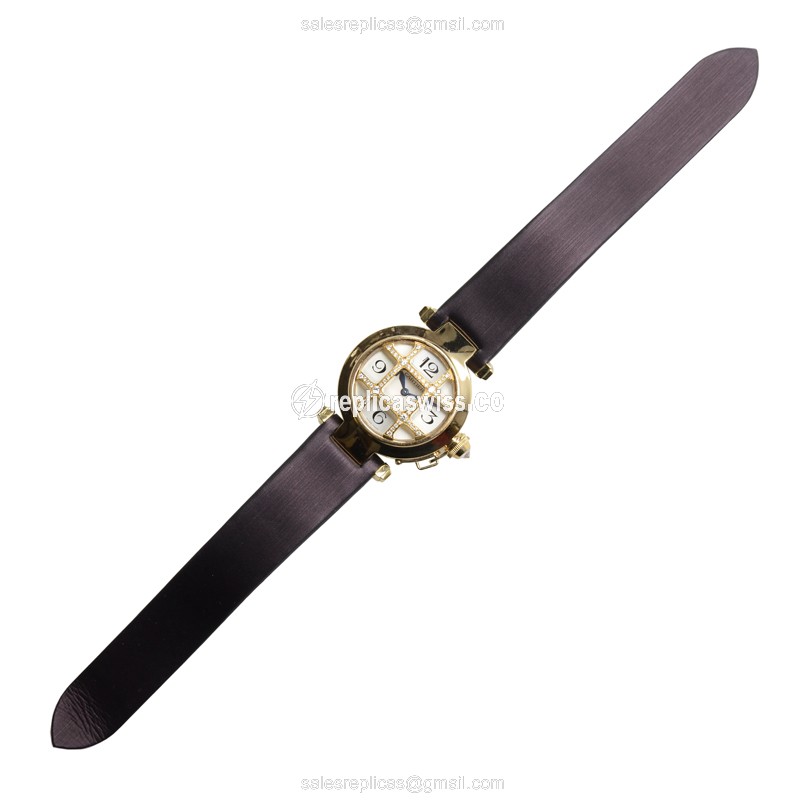 Cartier Pasha Replica - Quartz - 18kt Yellow Gold - White Dial - Black Satin Strap - View 2