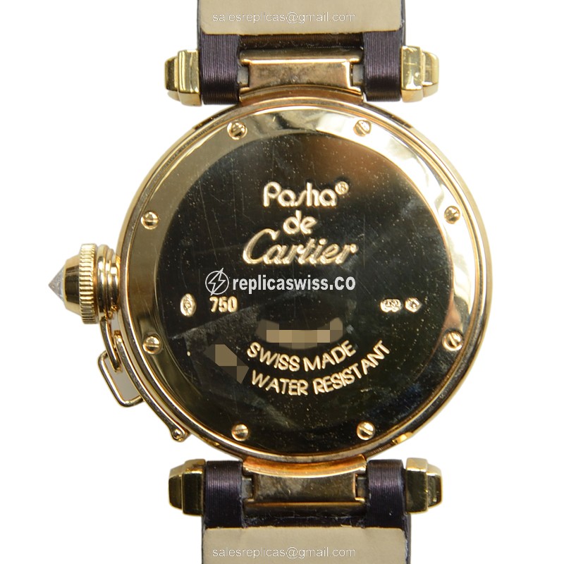 Cartier Pasha Replica - Quartz - 18kt Yellow Gold - White Dial - Black Satin Strap - View 3