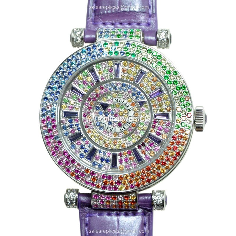 Franck Muller DM 42 QTR SAI D 3R CD Replica - Automatic - 18kt White Gold - Diamond Case - Purple Alligator Strap - View 2